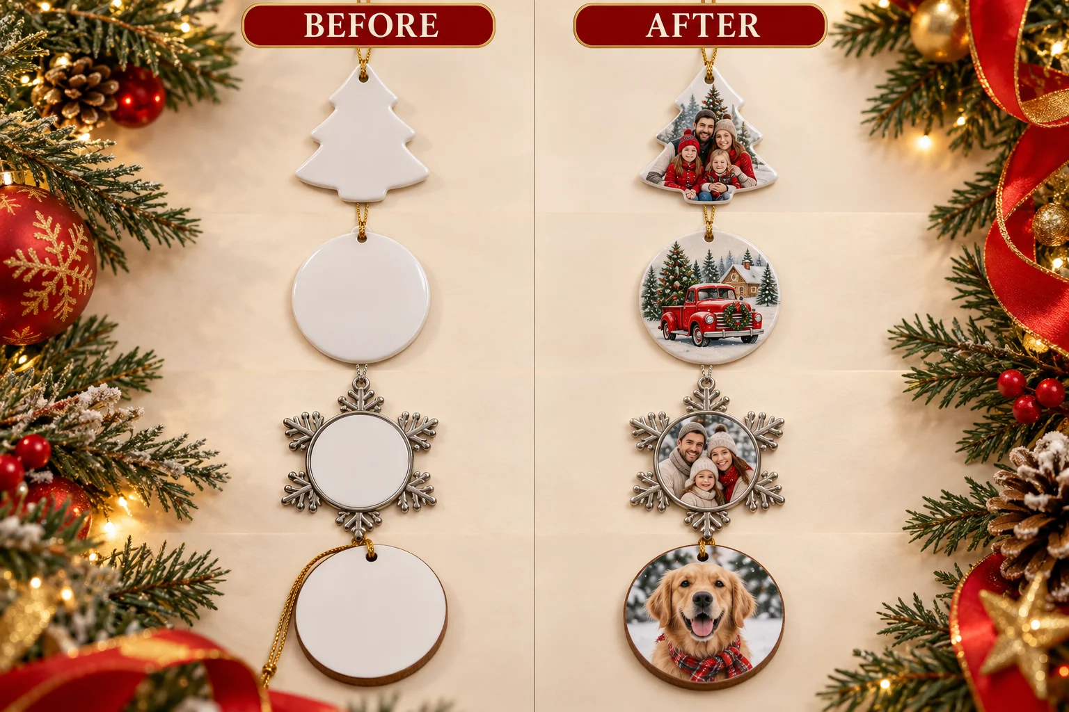 Illustrative before and after examples: blank ceramic Christmas tree and round ball ornaments, metal snowflake photo insert ornament and coated wood ornament beside personalized designs.